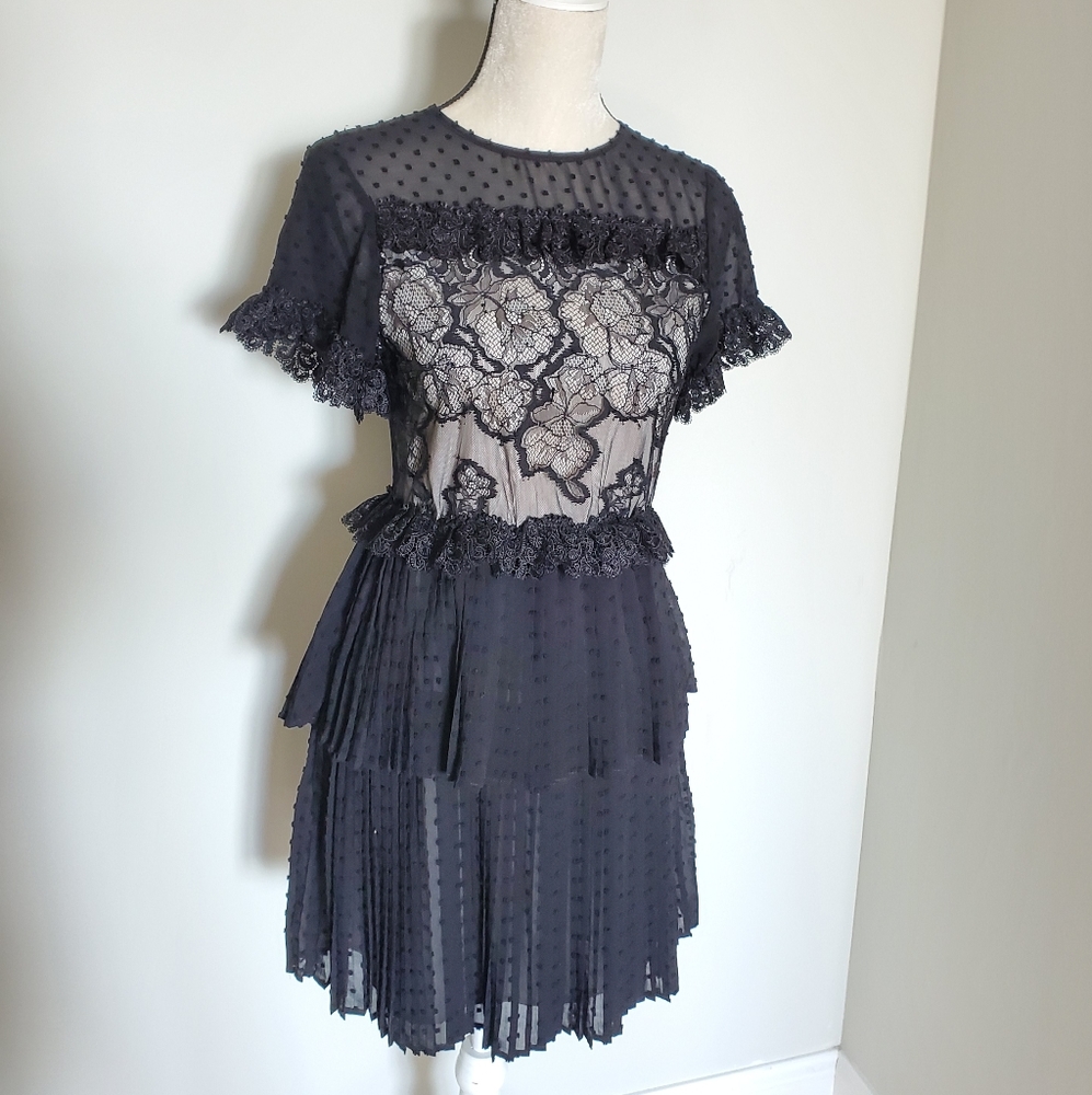 Foxiedox Flower dot Lace ruffle sheer back dress